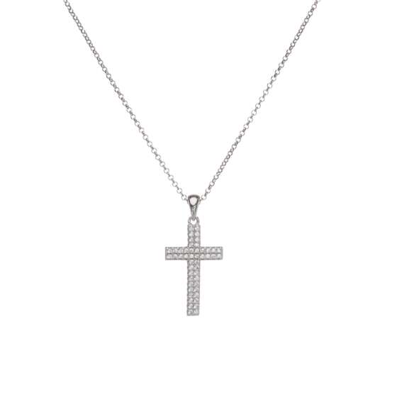 kessajewels-GLAM NECKLACE Αλυσίδα με ασημένιο σταυρό και καρφωμένες πέτρες ζιργκόν.